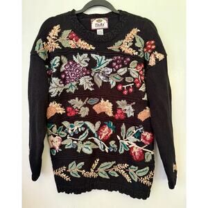 Vintage 90s Y2K Tiara Black green colorful Fruit Granny Cottage Sweater Large XL